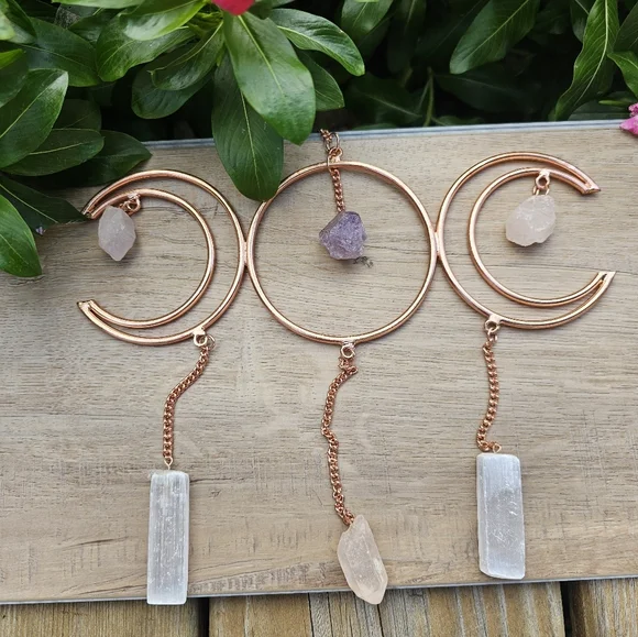 Crescent Moon Crystal Wall Hanging with Amethust Selenite Quartz - Picture 2 of 3